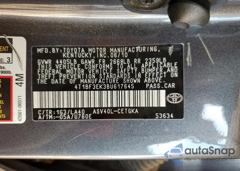 2011 Toyota Camry Base from USA, damaged, VIN 4T1BF3EK3BU617645